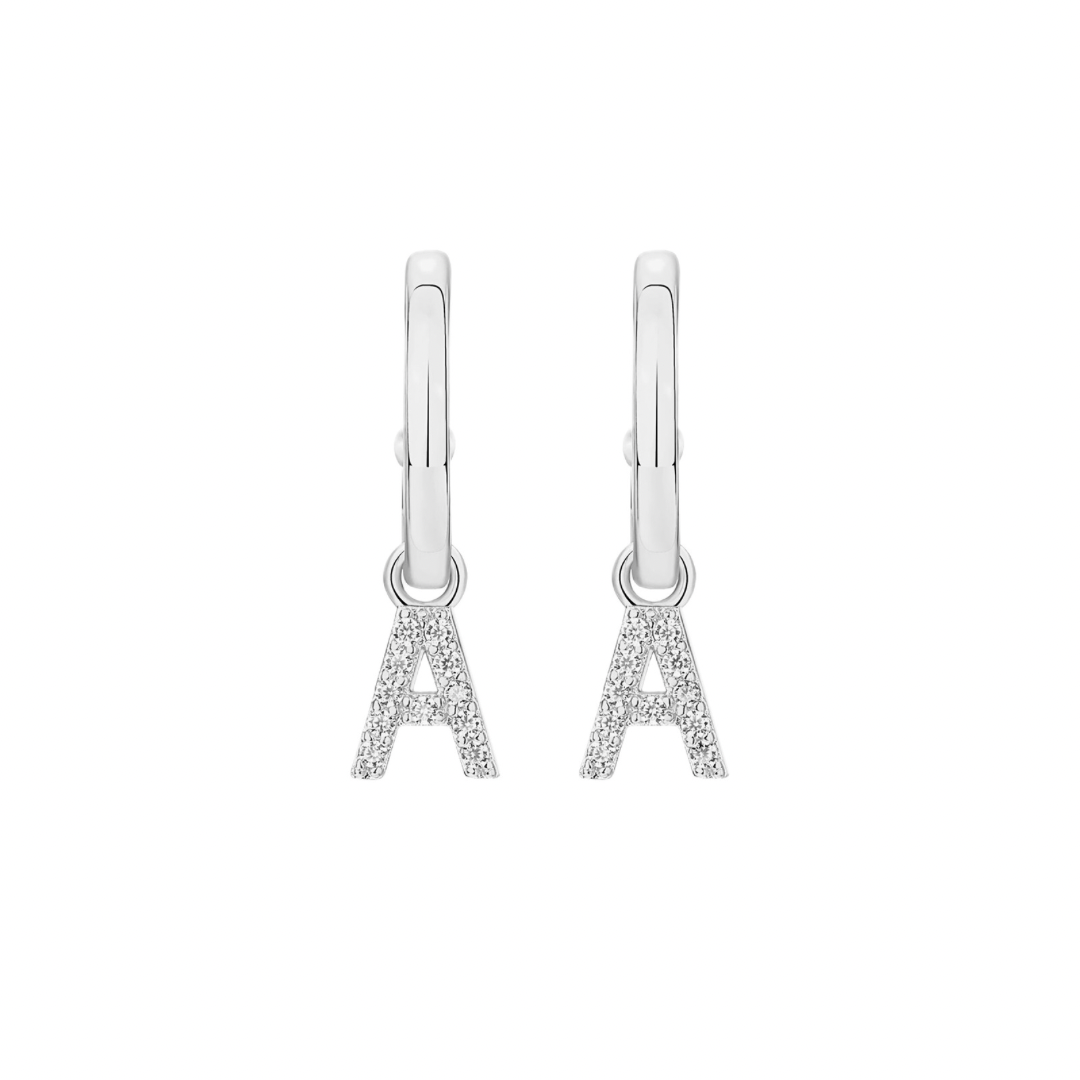 Letter and initial jewelry is a big trend right now. These Initial Hoop Earrings give any outfit a fashionable, contemporary look. You can personalize the earrings by choosing the stylish letter charms you want.  Materials: High Quality Solid &nbsp;925 Sterling Silver 5A Cubic Zirconia White Gold Plating