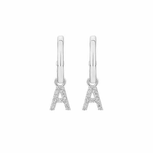 Letter and initial jewelry is a big trend right now. These Initial Hoop Earrings give any outfit a fashionable, contemporary look. You can personalize the earrings by choosing the stylish letter charms you want.  Materials: High Quality Solid &nbsp;925 Sterling Silver 5A Cubic Zirconia White Gold Plating