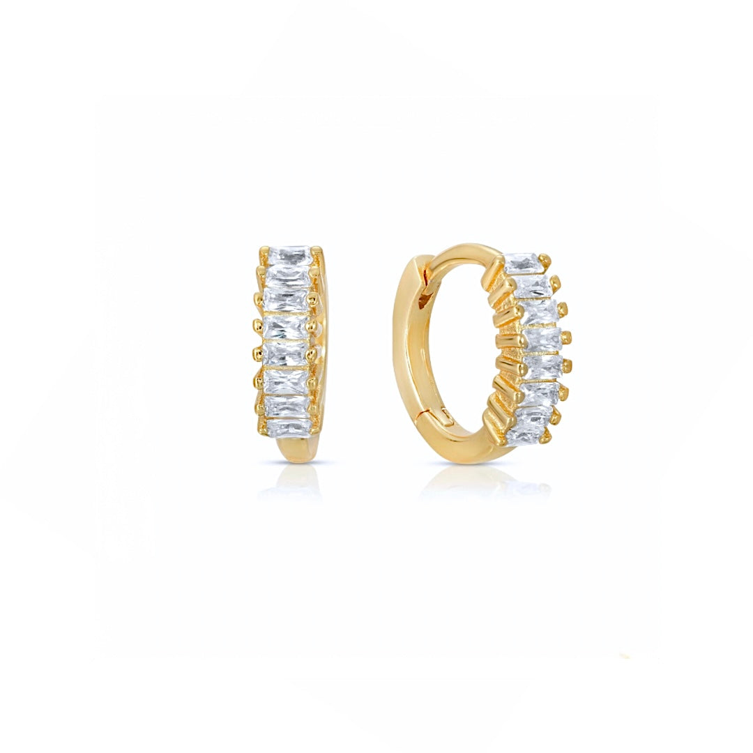 Brick Huggie Hoop Earrings, Materials: High Quality Solid 925 Sterling Silver 5A Cubic Zirconia 18K Gold / White Gold Plating