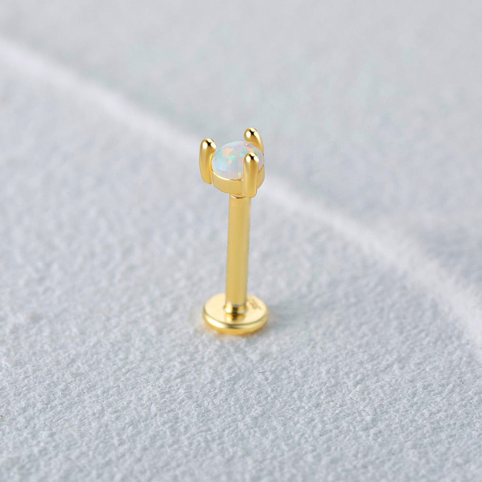 One piece of internal threaded labret flat back  Materials: High Quality Soild 925 Sterling Silver Natural Opal 18K Gold Plating  Size: Gauge: 1.2mm   ♥︎Nickel-free and hypoallergenic